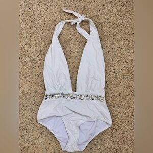 Elegant White Gemstone Halter One-Piece Swimsuit